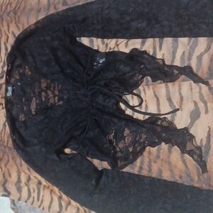 EDGE Black Stretch Lace Top Cardigan Style With Tie Waist